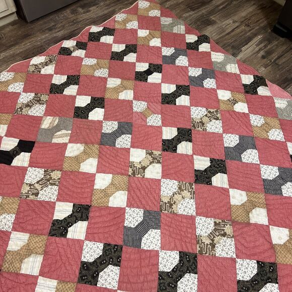 Vintage Handmade Bow Tie Pieced Single Quilt 73x66 - Picture 13 of 16